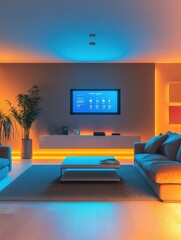 Poster - A stylish living room featuring ambient smart lighting and touch panels, creating a warm and inviting atmosphere for relaxation or entertainment. Generative AI