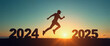 © Bryan - silhouettes of people jump from 2024 to 2025, moving forward to welcome 2025