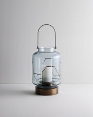 Glass hurricane lantern with minimalist design on plain white background