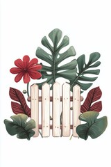 Wall Mural - A vibrant illustration of tropical leaves and a red flower near a wooden fence, perfect for nature-themed designs and backgrounds.