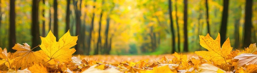 Wall Mural - A serene autumn landscape featuring a carpet of vibrant yellow leaves in a peaceful forest pathway. Nature's beauty during fall season.