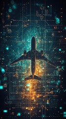 Leinwandbilder - An airplane silhouette against a glowing abstract background of data and code.