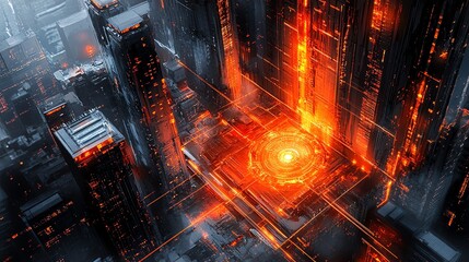 Fototapete - A futuristic city with a glowing orange core at its center, surrounded by towering skyscrapers.