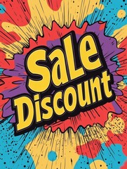 Aufkleber - Brightly colored bursts create a dynamic backdrop with large text promoting sale and discount offers in pop-art style. Generative AI