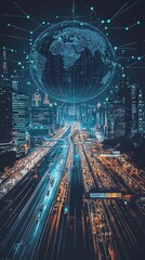 Fototapete - A glowing globe hovers over a cityscape with connected lines.