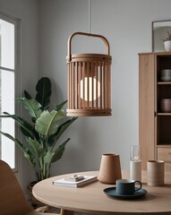 Wall Mural - Scandinavian wood lantern with minimalist design for cozy decor