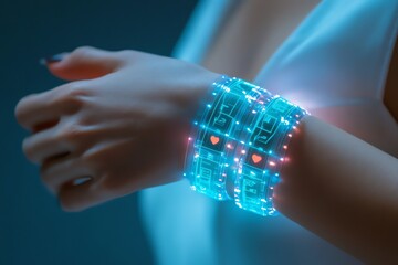 Fototapete - A woman's hand wearing a futuristic glowing bracelet with a digital display showing hearts and other symbols.