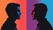 © 69 - Contrast of Two Silhouetted Faces on Vibrant Backgrounds Representing Diversity and Duality in Human Emotions and Interpersonal Connections