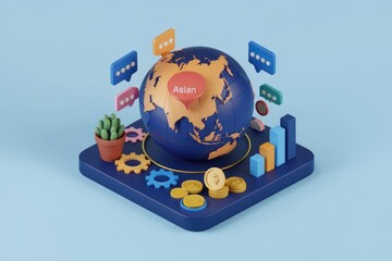 Poster - 3D illustration of Asian market growth with globe  charts  coins and chat bubbles.