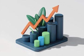 Poster - 3D illustration of a bar graph with a rising arrow and leaves