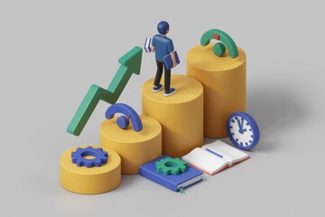 Poster - 3D illustration of a man standing on a yellow cylinder with a green arrow pointing upwards
