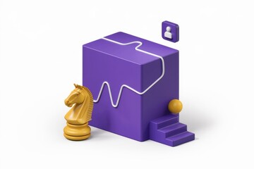 Fototapete - A golden chess knight stands beside a purple 3D structure.