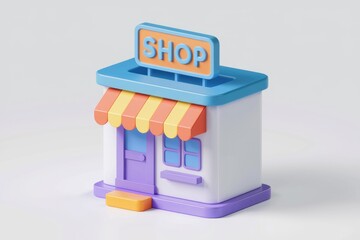 Aufkleber - A colorful 3D model of a shop with a sign and awning.