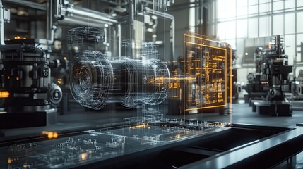Wireframe Model of a Machine in an Industrial Setting