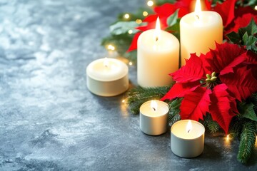 Poster - A festive arrangement of candles and poinsettias, creating a warm holiday ambiance.