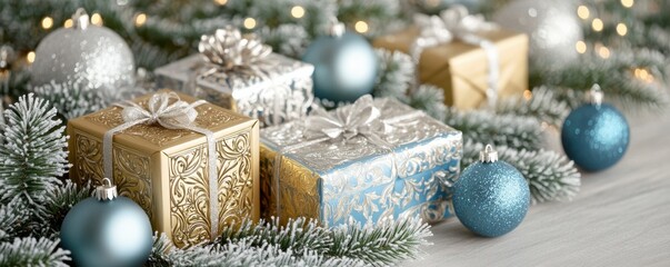 Festive holiday gifts surrounded by winter decorations and ornaments.