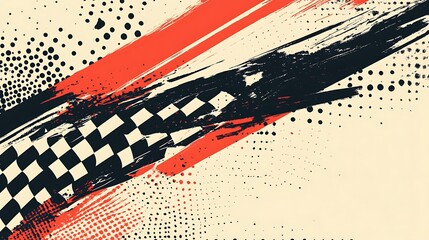 Aufkleber - Abstract racing background with checkered flag, red and black brush strokes, and halftone pattern.