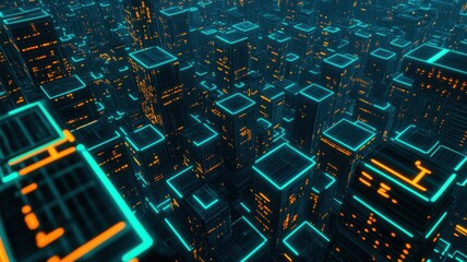 Wall Mural - futuristic cityscape with glowing neon lights and digital blocks.