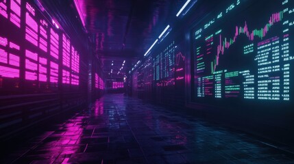Aufkleber - Futuristic corridor lined with vibrant digital displays showcasing market data and analytics in a high-tech environment