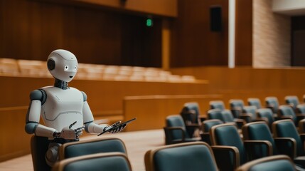 Poster - A robotic lecturer engages with an audience in an auditorium setting, showcasing advanced technology in education