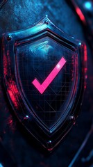 Poster - A close-up of a futuristic, metallic shield with a glowing pink checkmark inside.