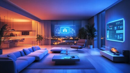Poster - The stylish living room showcases customizable ambient lighting and touch panels, creating a serene atmosphere with a city backdrop. Generative AI