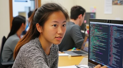 female software engineer reviewing code in team setting