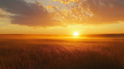 Poster - A stunning sunset over the vast grasslands of the Great Plains, illuminating the horizon with golden hues and soft clouds
