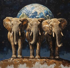 Aufkleber - The concept of an ancient theory about the earth being supported on the backs of three elephants