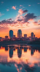 Poster - A stunning sunset over the Kansas City skyline reflecting in the calm water, capturing the vibrant colors of evening