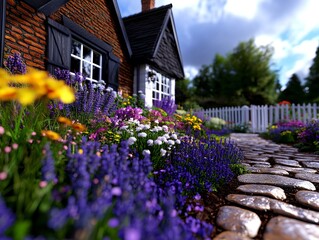 Wall Mural - A stone path leads to a house surrounded by flowers