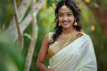 Smiling portrait of an Indian ethnic woman wearing sari in the outdoor