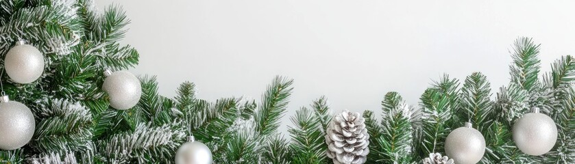 Poster - A festive arrangement of frosted pine branches with silver ornaments and a pine cone.