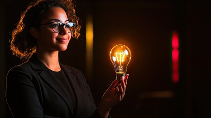 Wall Mural - woman holding glowing light bulb symbolizing innovation and creativity.