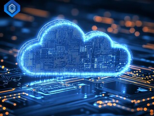 Aufkleber - A glowing blue cloud icon sits atop a circuit board, representing cloud computing and data storage.