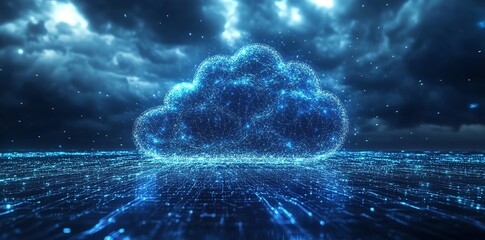 Poster - A glowing blue cloud icon, composed of digital particles,  stands out against a dark cloudy sky, signifying digital data and cloud storage.