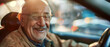 © Taskmanager - Elderly man with glasses sitting in his car, smiling joyfully with sunlight streaming in. A relaxed and content moment captured.