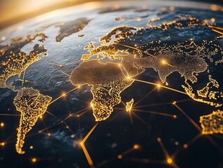 Fototapete - A glowing network of lines and dots connects the continents on a dark blue globe.
