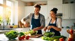 © Inna - A cheerful couple is chopping vegetables and mixing a fresh salad in a well-lit kitchen. They enjoy the process, showcasing teamwork and a love for healthy cooking amidst a lively ambiance
