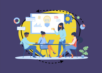 Wall Mural - business team discussing ideas for startup. leader speaking at board with notes and lightbulb flat v