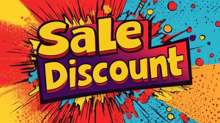 Aufkleber - An explosive display of vibrant colors features bold text promoting a sale and discount in a playful pop-art design. Generative AI