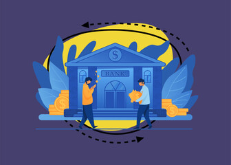 Wall Mural - people near bank building. men carrying piggy bank and counting money flat vector illustration. fina