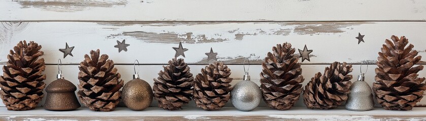 Poster - A decorative arrangement of pine cones and ornaments on a rustic wooden background.