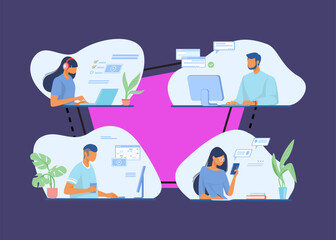 Wall Mural - people using online apps set. professionals using computers and cellphones for work or chat. flat ve