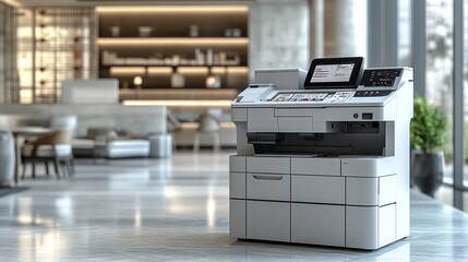 Poster - A modern office multifunction printer on a table in a contemporary office space with a blurred background of a lounge area.