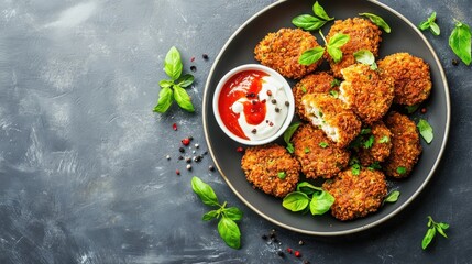 Wall Mural - Plate of fried croquettes with tomato sauce and mayonnaise appetizer on a gray background