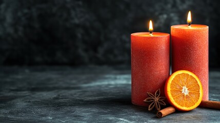 Poster - Two lit candles beside an orange slice and cinnamon sticks, creating a cozy atmosphere.