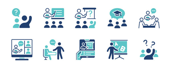 education school classroom lecture icon set student learning online class study seminar college conference signs vector illustration for web and app