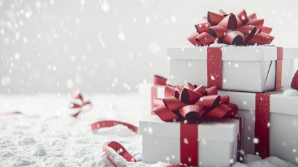 Wall Mural - A stack of wrapped Christmas gifts with bows and ribbons, isolated on a white background