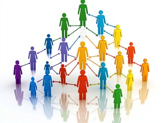Aufkleber - A pyramid of colorful people figures with arrows connecting them, symbolizing hierarchy, leadership, team, network, and collaboration.